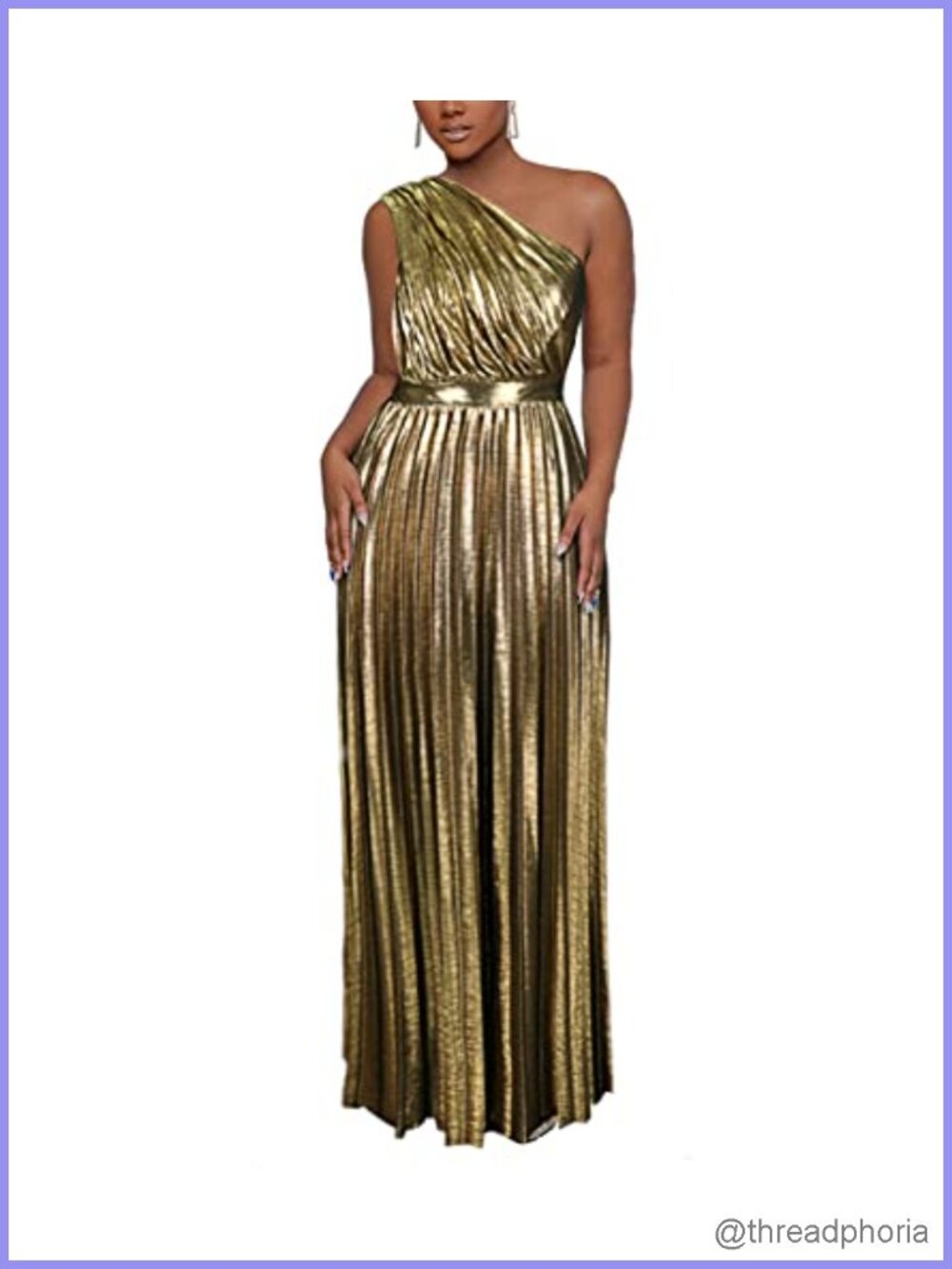 Metallic One Shoulder Sleeveless Pleated A-Line Maxi Formal Dress